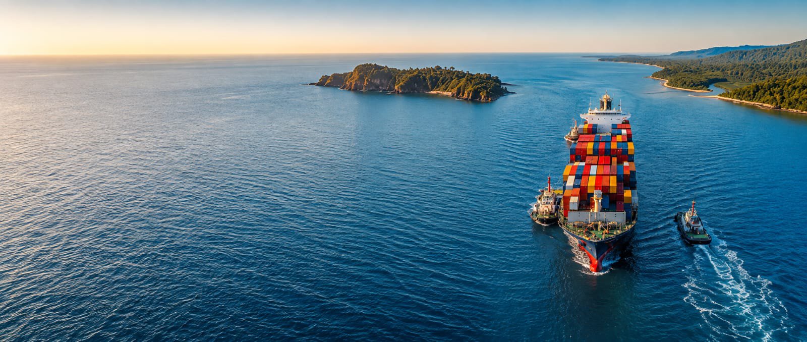 Aerial view of a container ship at sea